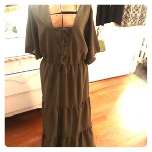 Army green peasant maxi dress